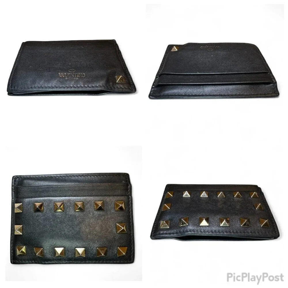 Valentino Garavani Black Rockstud Leather Card Holder Wallet w Extra Studs *USED